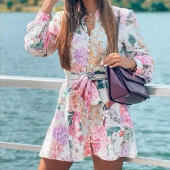 Zara Floral Parrot Button Up Belted Mini Linen Dress XS blogger fav - Picture 5 of 12